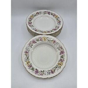 Embassy USA Vitrified China Shallow Soup Bowls Set of 7 Floral Gold Trim